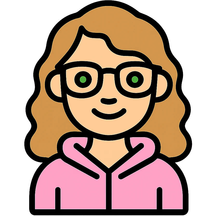 Edit the image to depict a girl with lighter skin, dark blonde wavy hair, green eyes, wearing a baby pink hoodie and brown glasses, smiling, with no background. emoji