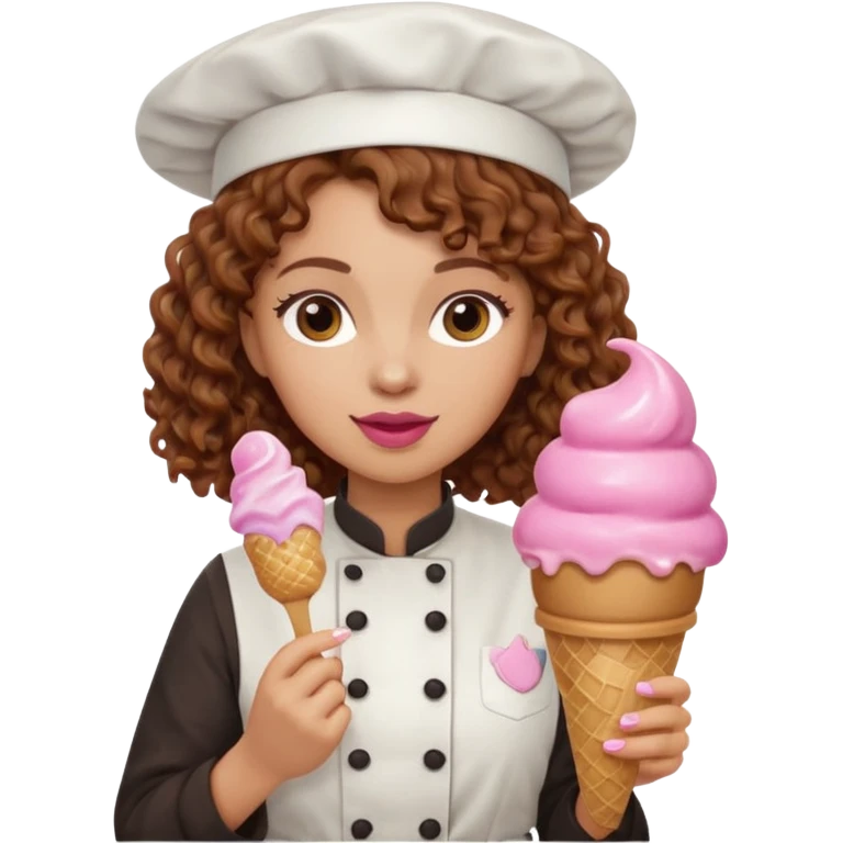 woman brown curly hair, chef, eating pink ice cream emoji