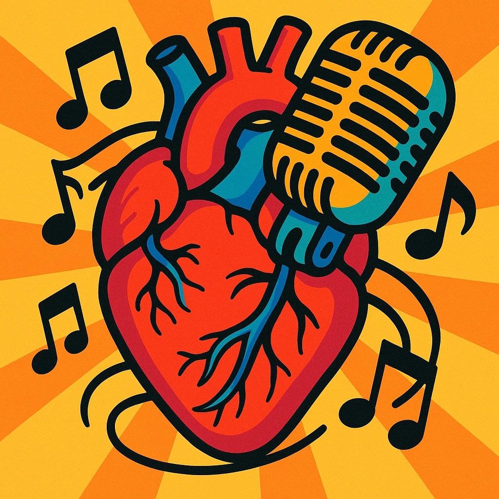 anatomical heart and retro microphone fused together, music notes accenting the design, bold and expressive emoji