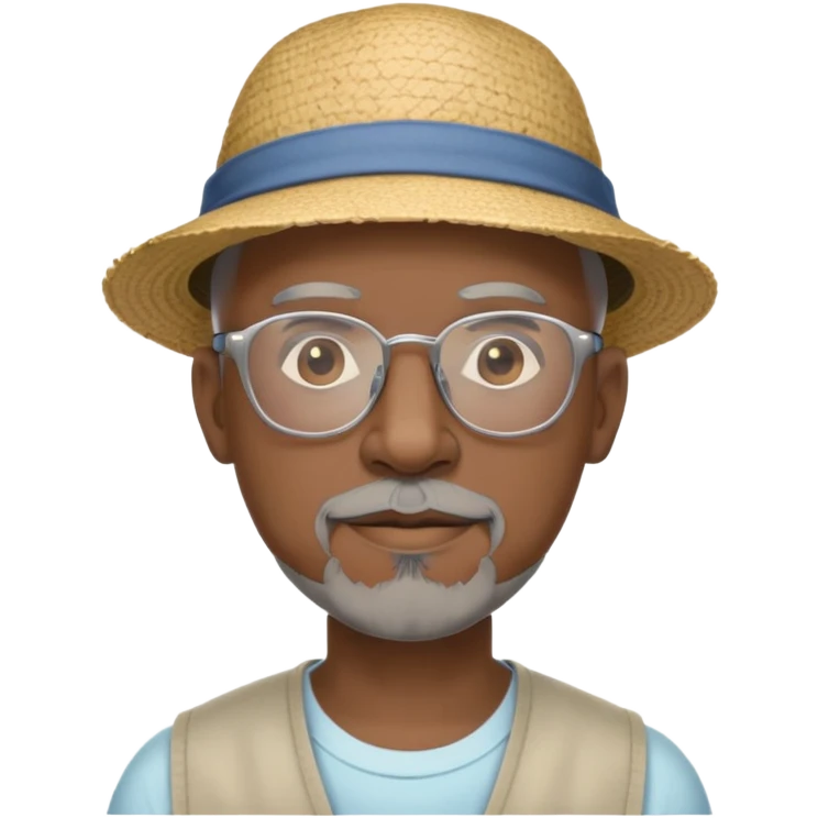 Bald mature Black male with Grey goatee and light glasses and a summer hat
 emoji