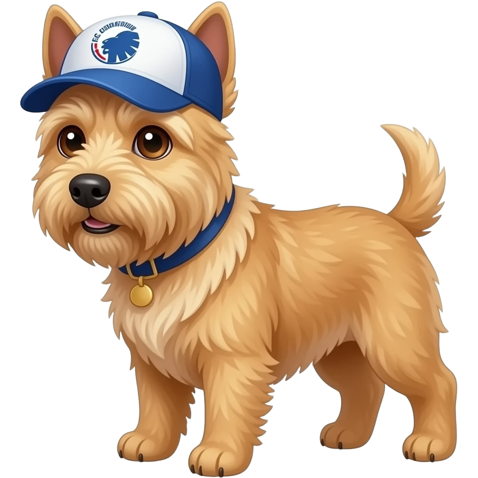 cain terrier dog in orange with brown eyes with a fc Copenhagen cap on emoji