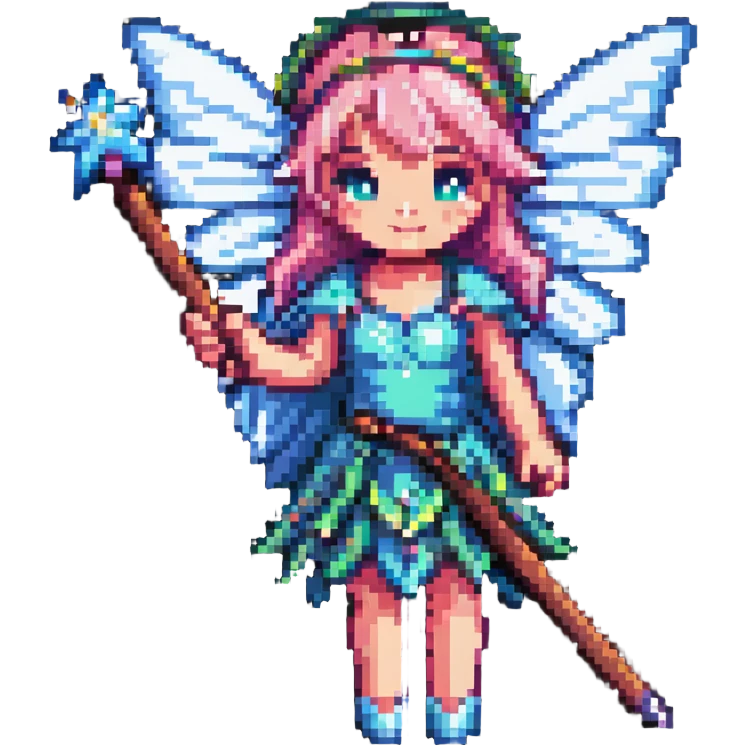 pixel art fairy with wings, holding a magic wand emoji