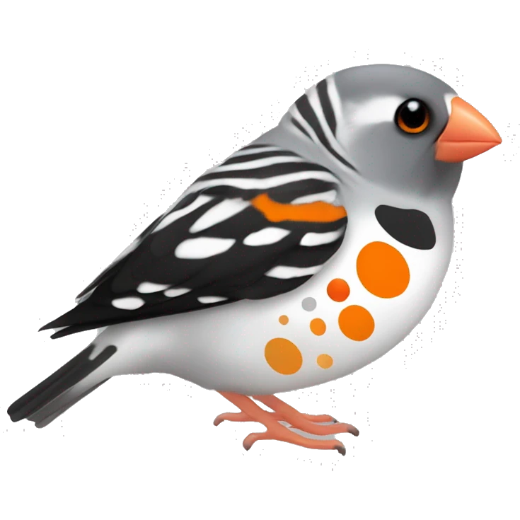 Zebra finch with orange circles on cheeks, grey body, white chest, with black tail, black eyes, and orange feet emoji