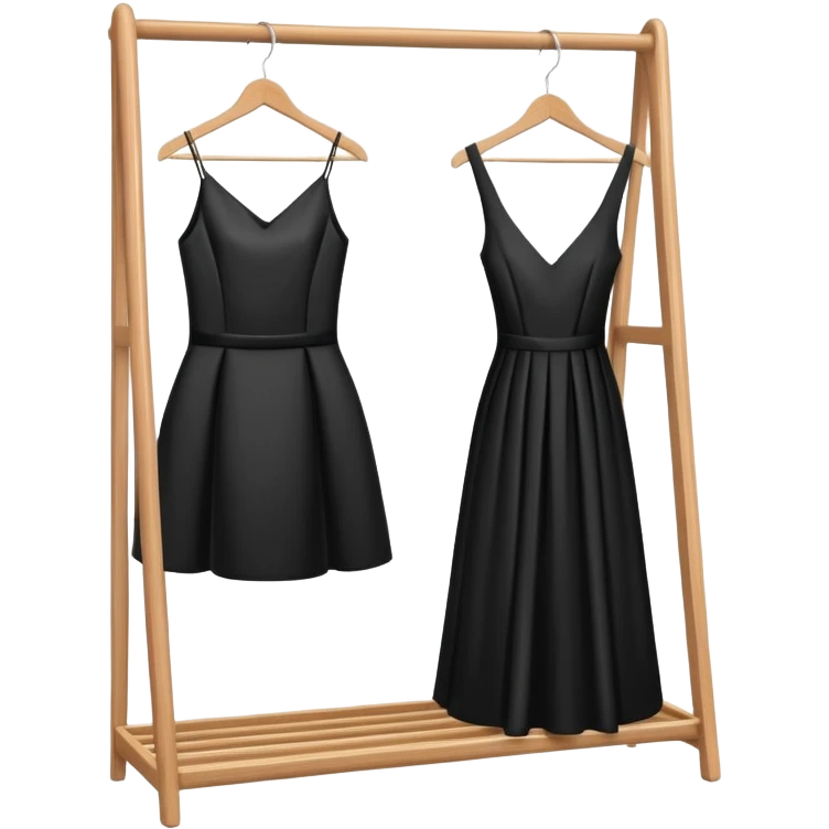 wooden clothes rack with a sleek black cocktail dress emoji