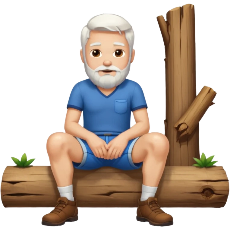 A white haired man with a beard sitting on a piece of wood wearing shorts emoji
