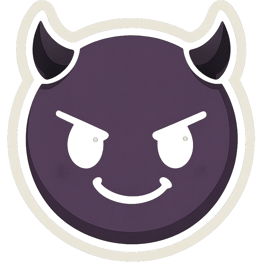 devil emoji in chibi style with gothic palette black and purple, tiny horns, cute but mischievous expression emoji