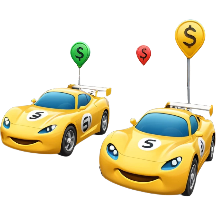 Two emoji-style cars racing toward a finish line labeled “$20K”, one labeled “$500/mo” and the other “$1000/mo”, energetic motion and speed lines emoji