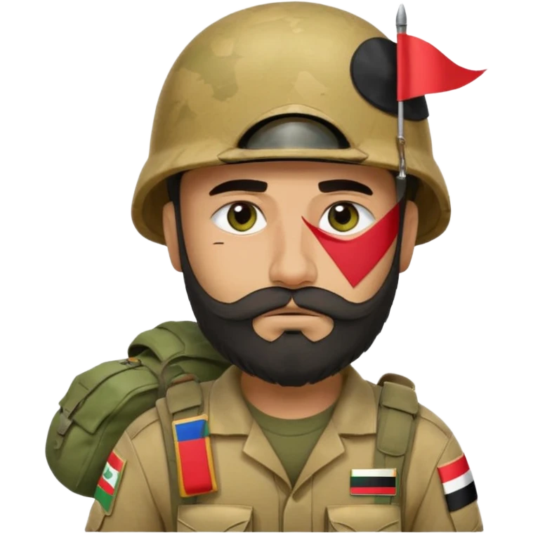 A very tired and sad, swarthy Iraqi soldier with a beard, an Iraqi flag on his helmet, a sad expression and bags under his eyes emoji