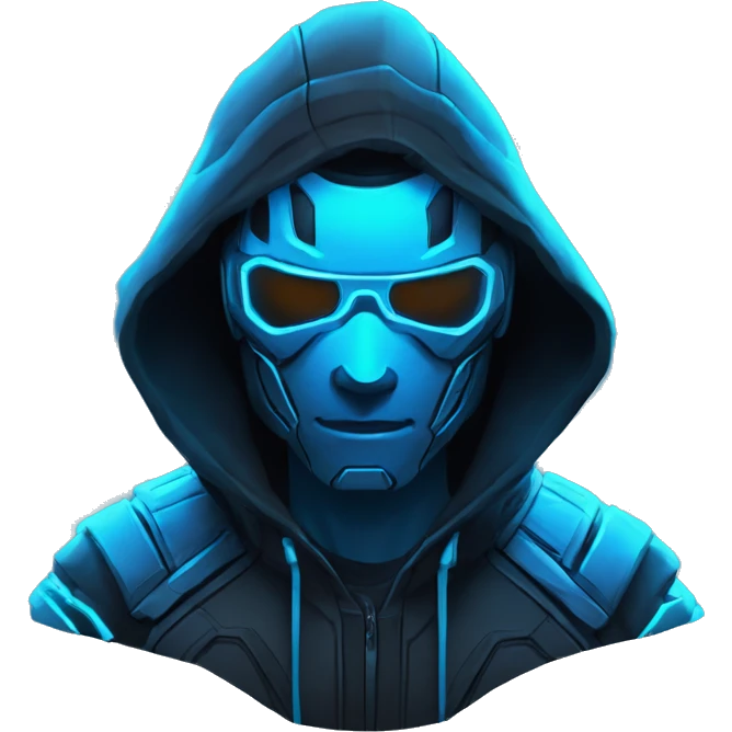 developer behind his laptop with this style : crysis Cyberpunk Riot Games Valorant neon glowing bright blue character blue black hooded assassin themed character emoji