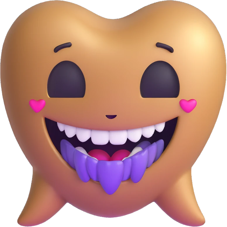 brown emoji face with purple heart eyes, big smile with a tooth gap and a gold side tooth emoji