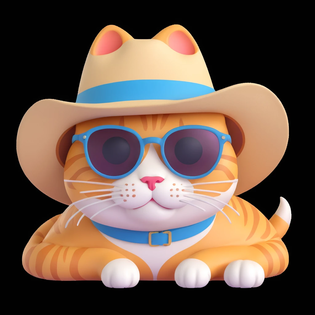 a cat in a summer panama hat with large brim, wearing sunglasses, lying on its stomach with its head resting on the ground emoji