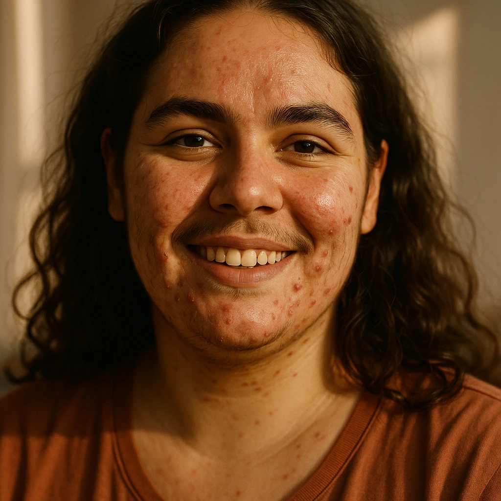 A woman with PCOS smiling confidently, visible facial hair and acne portrayed naturally, soft sunlight highlighting her features, warm tones, intimate portrait photography style, celebrating natural beauty, raw and unfiltered, hyperrealistic 4K emoji