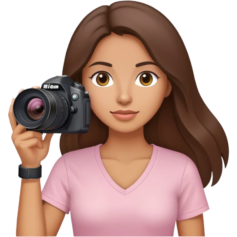 latin woman with long brunette hair light pink v neck shirt and nikon camera emoji