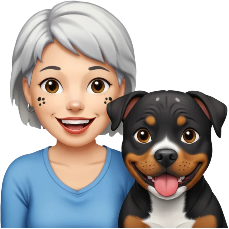 Pitt bull rottweiler white muzzle with black spots tongue out next to middle aged woman with short silver hair emoji