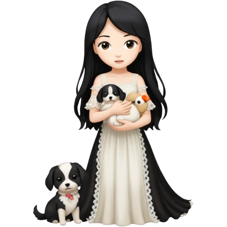 Pastel anime lady long hair with long lace dress full body holding puppy emoji
