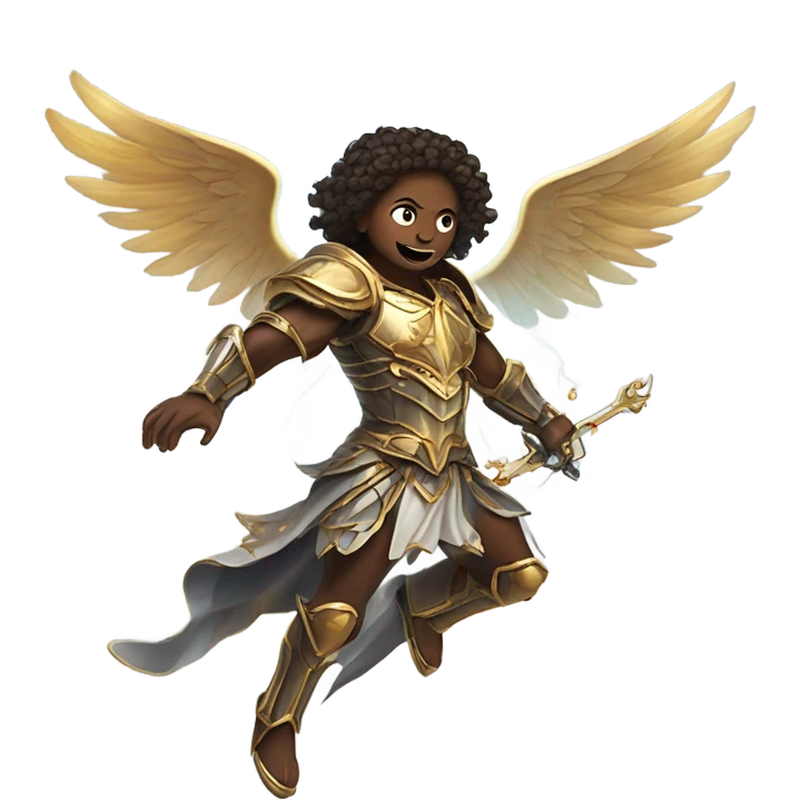 angels and demons in a lively fight mid flight with swords and armor and lightning emoji