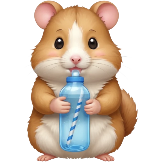 Cute cartoon-style hamster hugging an oversized water bottle, sipping with tiny straw, happy expression. Painterly shading, expressive eyes, white background, sticker-style illustration emoji