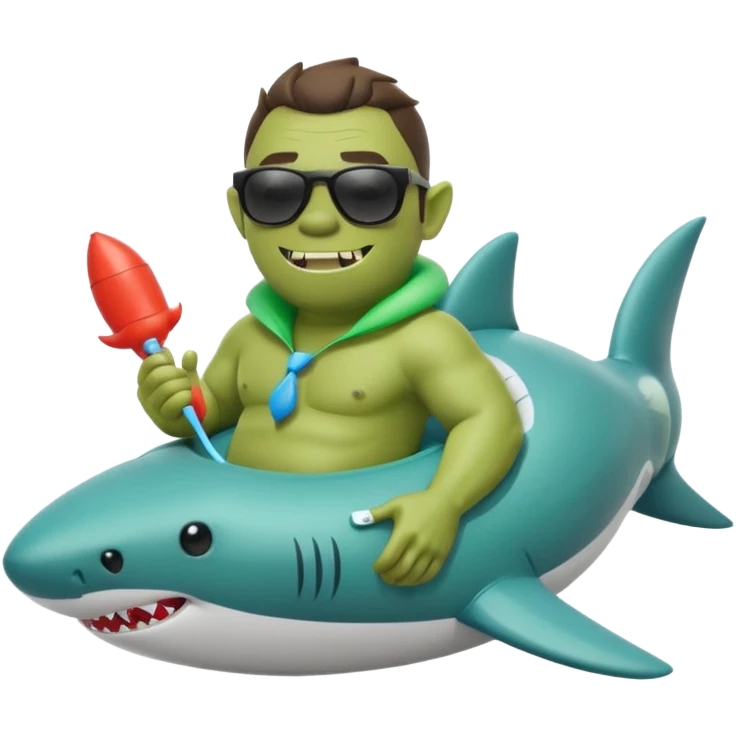orc male sitting in an inflatable floatie shaped like a shark, wearing oversized sunglasses and a whistle on a neck cord, 2d emoji