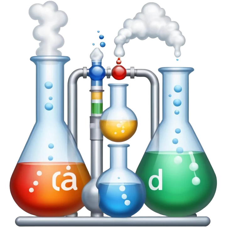 An icon featuring chemical flasks with tubes, representing hydrolysis, along with liquids, powders, and chemical formulas. The design includes molecules and reaction symbols, symbolizing the study of chemical processes and compounds. Transparent background highlights the science of reactions. emoji