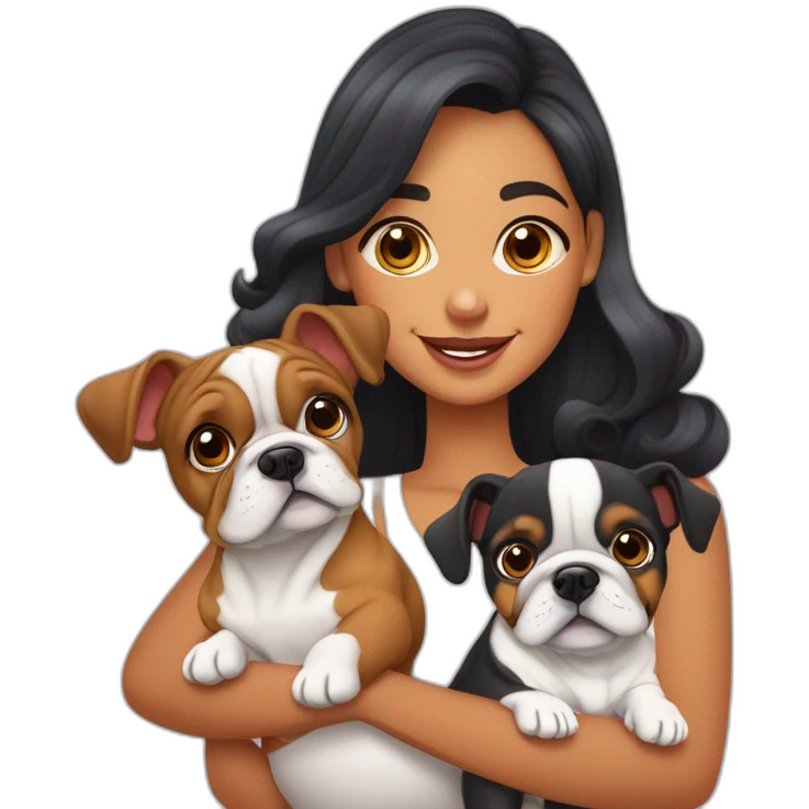 família de um bulldog francés e um pinscher um pai careca uma mae com cabelo ondulado uma menina com cracois uma bebe com caracóis e um menino com cabelo curto ondulado emoji