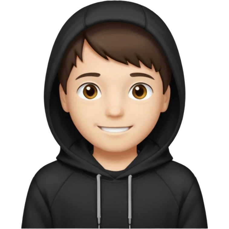 A brunette boy, short straight hair, light brown eyes, with a black sweatshirt with a hoodie, and smile  emoji