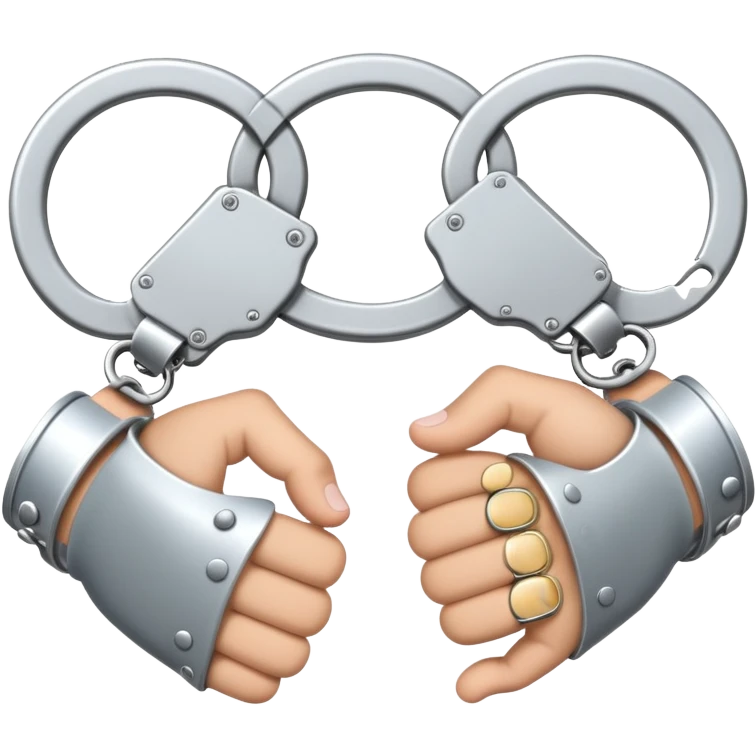 An emoji of two hands cuffed behind the back with metallic handcuffs. The wrists are slightly tilted inward, showing restraint. The handcuffs have a reflective silver surface, symbolizing arrest, punishment, or law enforcement. Simple, cartoon-style design emoji