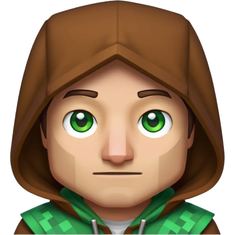 Pixel art 2D emoji of a Minecraft villager face, with brown hood, big nose, green eyes, and blocky edges in Minecraft style emoji