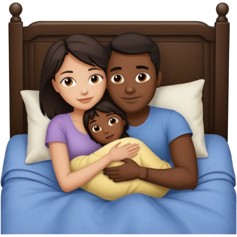 Dark brown guy cuddling brown girl in bed emoji