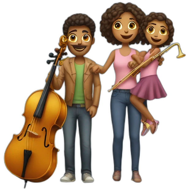 Family of a man with trombone & a woman with cello and they have a baby girl 1yo emoji