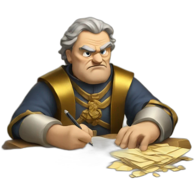 middle ages taxman, angry, writing on a paper, pile of gold emoji