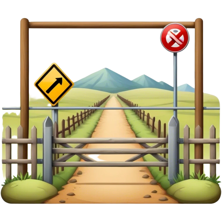 A marked border separating two lands, with a fence, checkpoint, or warning signs indicating the boundary between territories emoji