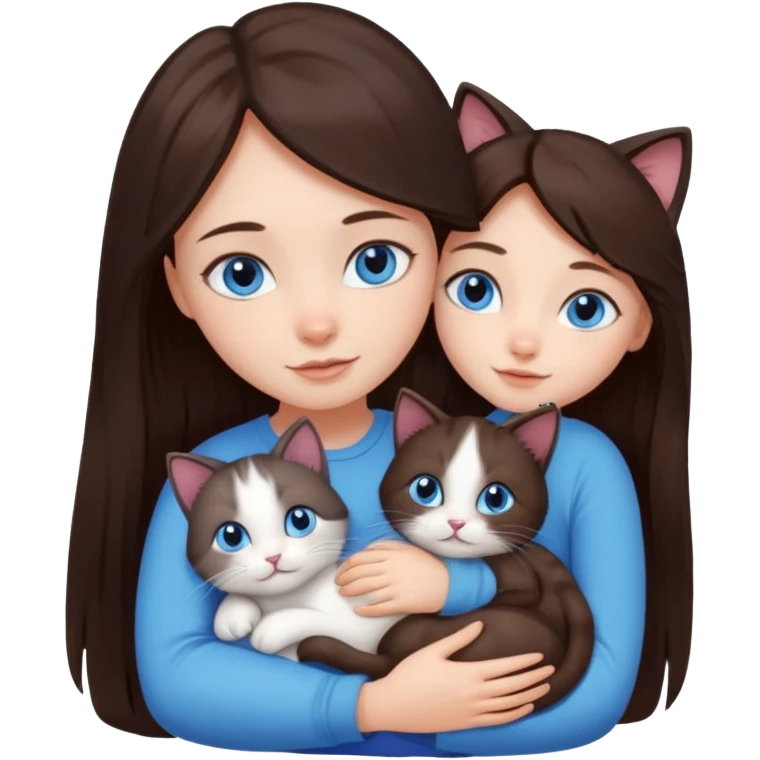 a girl with long dark 
brown hair, with blue eyes, hugs 3 different natural coloured small cats emoji