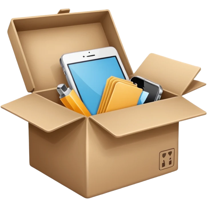 Minimalistic flat vector icon, iOS style, thin black contour on white background. Open box with old items being cleared out. Clean, modern, no text, no shadows emoji