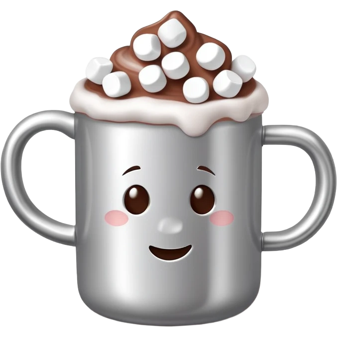hot chocolate in a silver colored mug with marshmallows  emoji