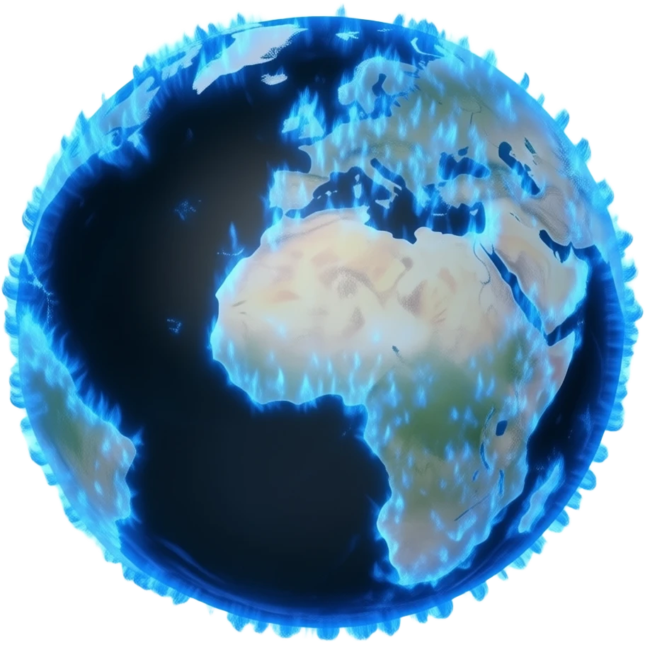 sphere globe planet, surface covered with blue fire emoji