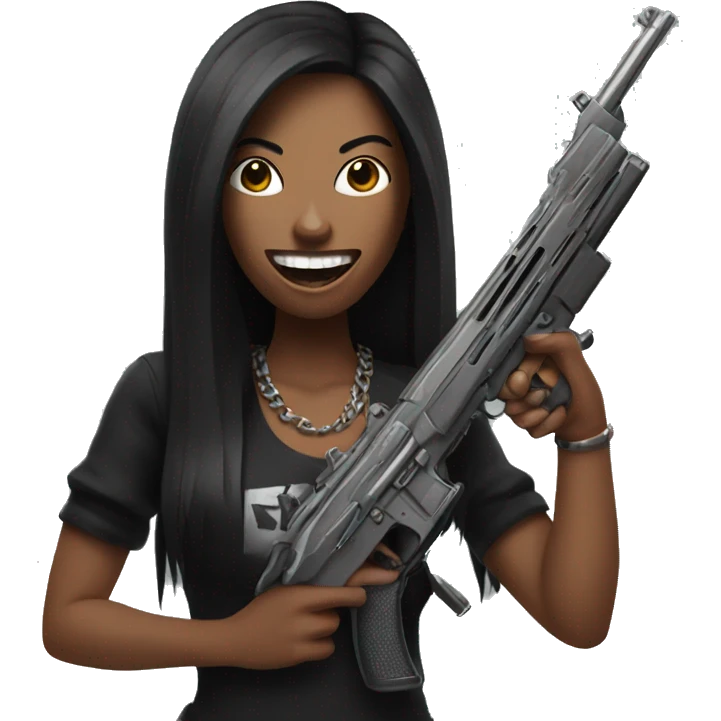 woman with long black hair and grillz holding 2 guns emoji