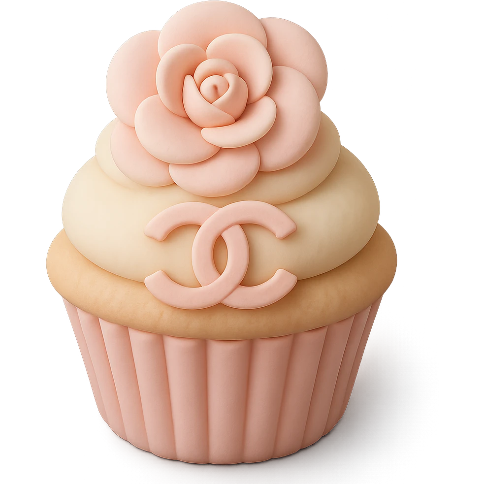 pastel Chanel cupcake with a camellia flower and logo, fondant cake art style emoji