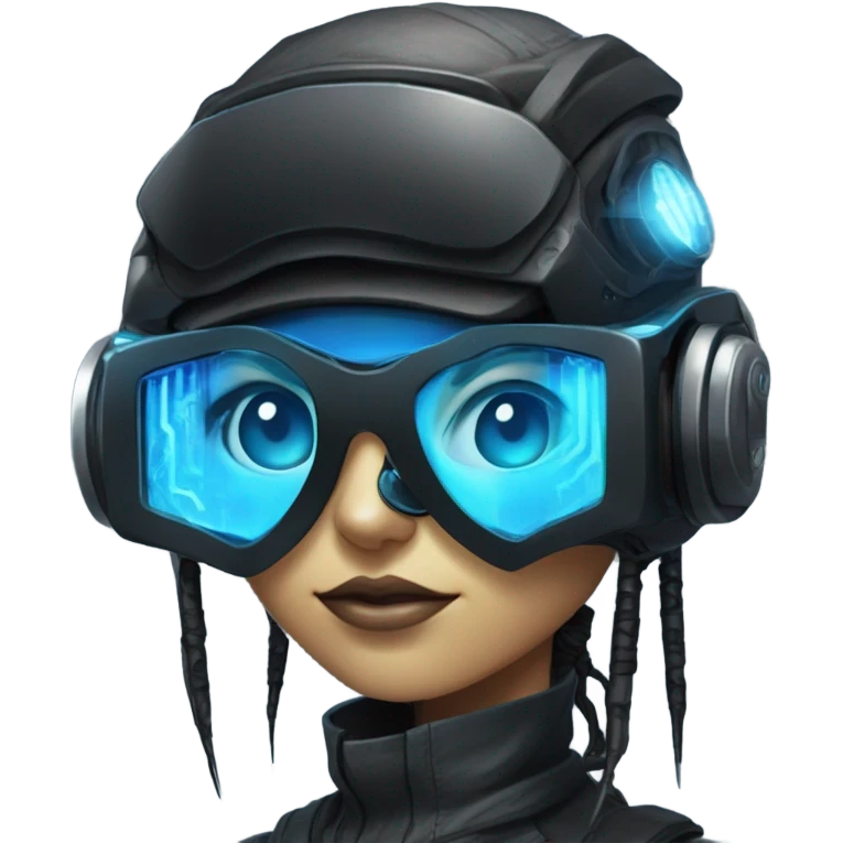 female netrunner, cyberpunk hacker with mechanical glasses, black robot body, black vr headset, eyes covered, no eyes, blue neon emoji