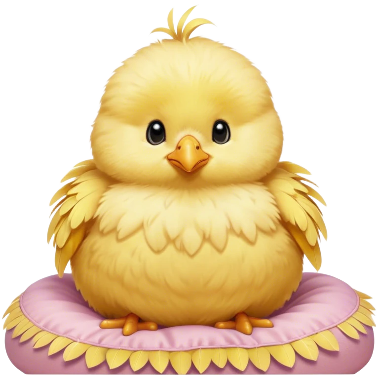 Cinematic round fluffy chick, golden yellow, tiny beak and feet, soft downy feathers, sparkling gentle eyes, sitting on a pastel-colored cushion, radiating warmth and sweetness. emoji
