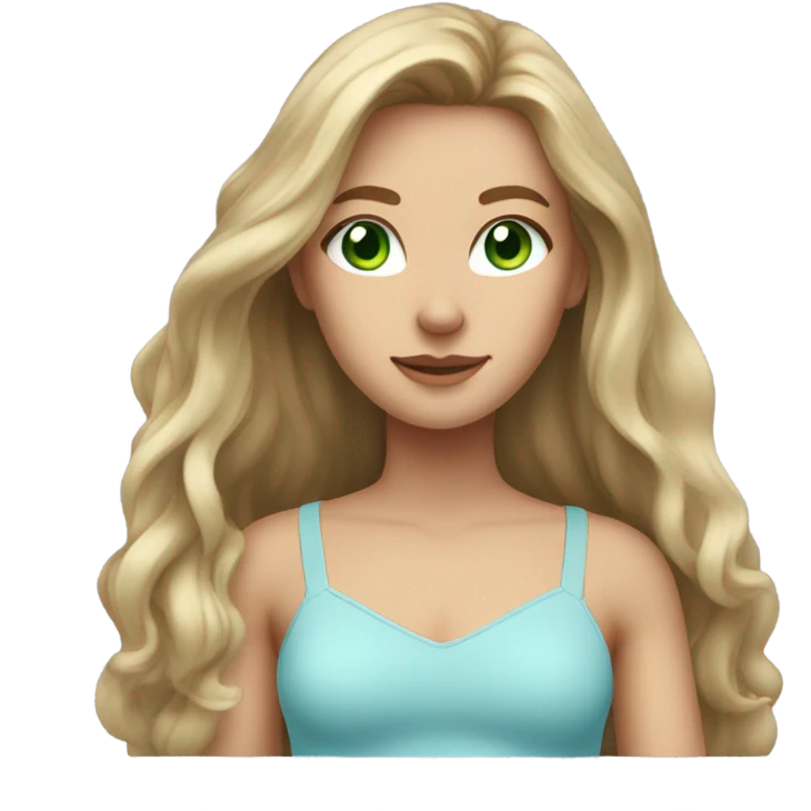 girl with long dark blonde hair, green eyes, wearing a light blue crop top emoji
