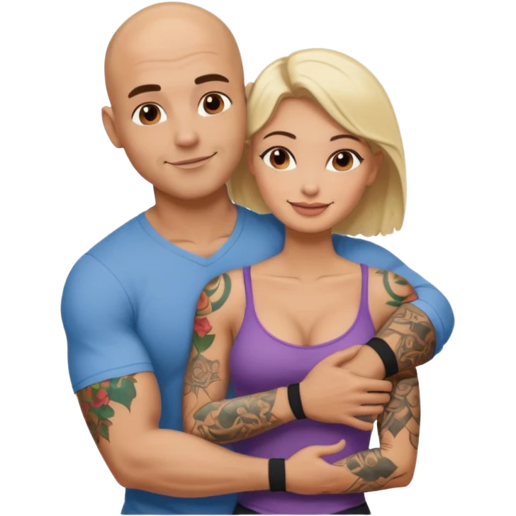 throuple tattooed sleeves bbald male with topless naked big boobed brunette and topless naked big boobed blonde girlfriends  loving  and sexy polygamy emoji