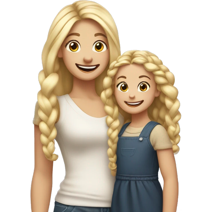 An emoji of a blonde mother with very long hair and a cheerful expression, standing next to her 3-year-old daughter, a small girl with black hair styled in two braids, both smiling happily together emoji