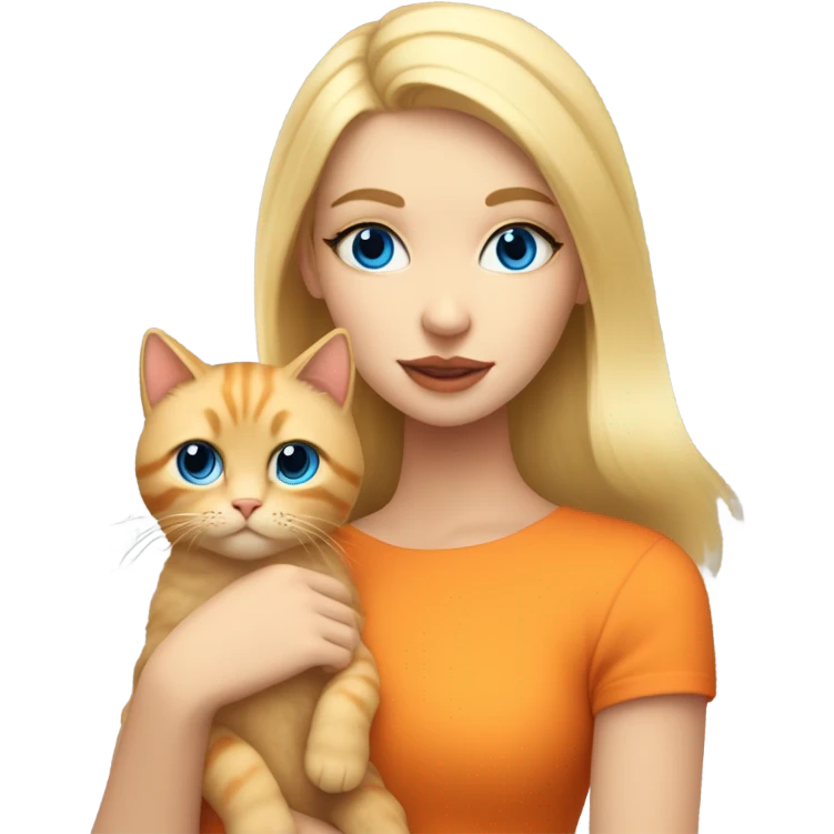 Blonde girl with blue eyes and eyelashes no lipstick with orange fluffy cat emoji