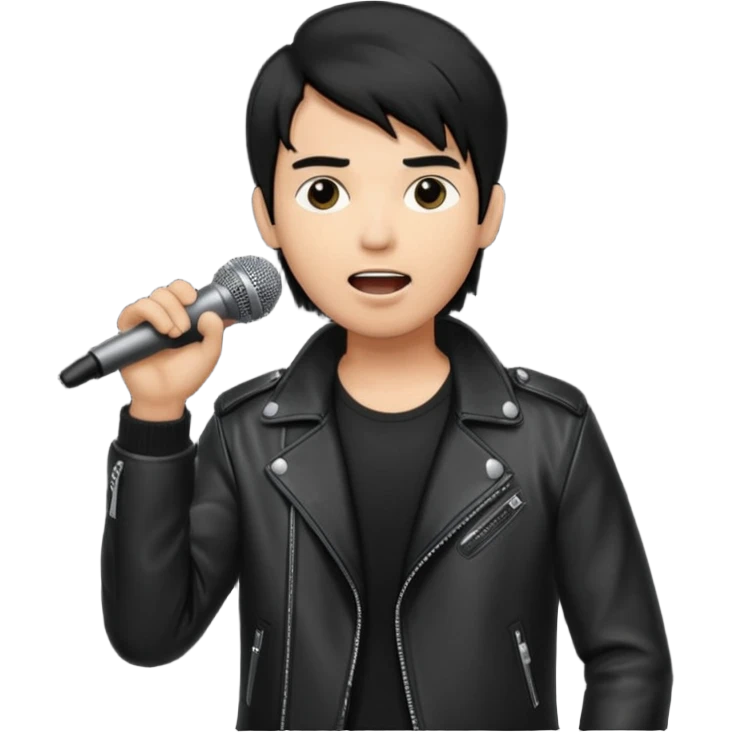 A cool male singer in leather jacket, singing into a standing microphone. emoji