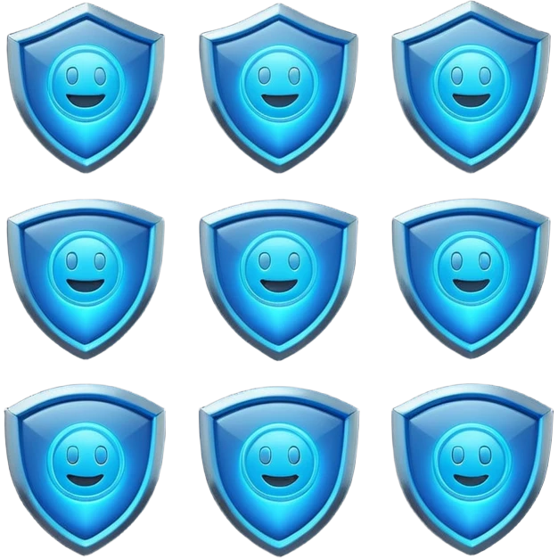 Futuristic glowing blue emoji badge set for the brand name “DRAEV” — includes shield, checkmark, camera, briefcase, verified tick, bot face, and rocket. Neon blue glow, dark gradient background, cyber aesthetic, 3D soft lighting, premium tech style. emoji