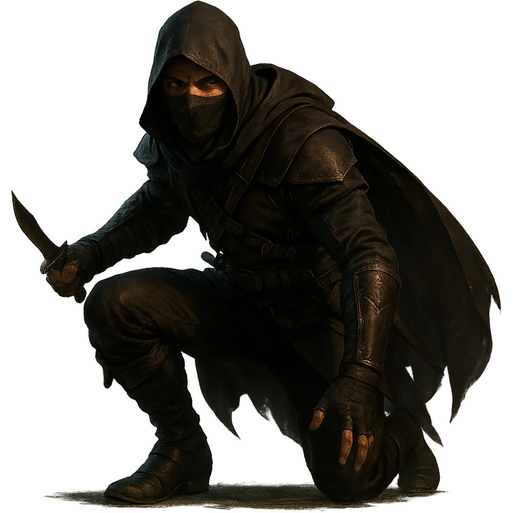 a man dressed as an assassin, sleek outfit, mask, agile stance, fantasy style, detailed, cinematic lighting emoji