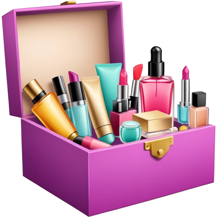 an opened box with various beauty items spilling out, including makeup, skincare, and perfume emoji