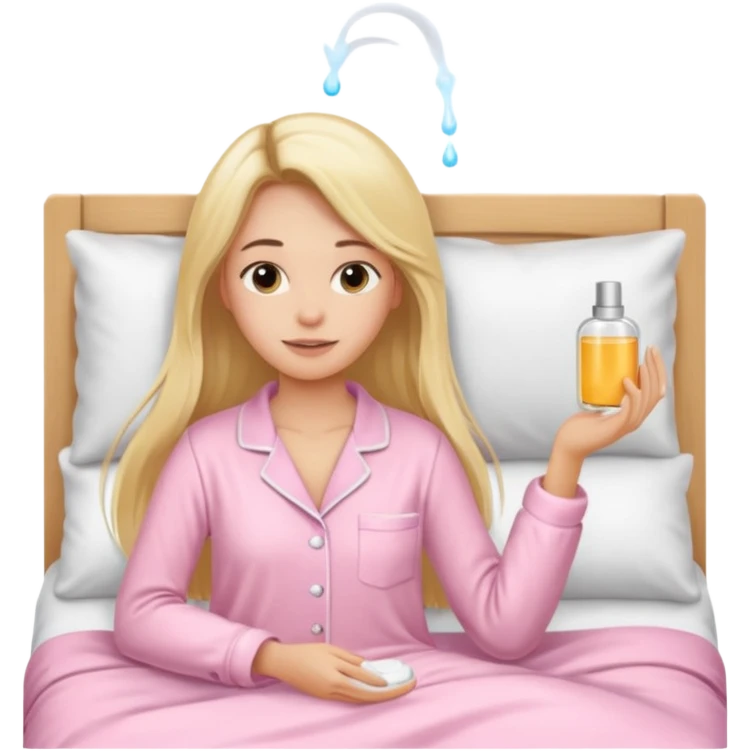 A girl in a light pink pajama is taking care of her skin with a skincare routine in bed, her hair is long, blonde, and straight. emoji