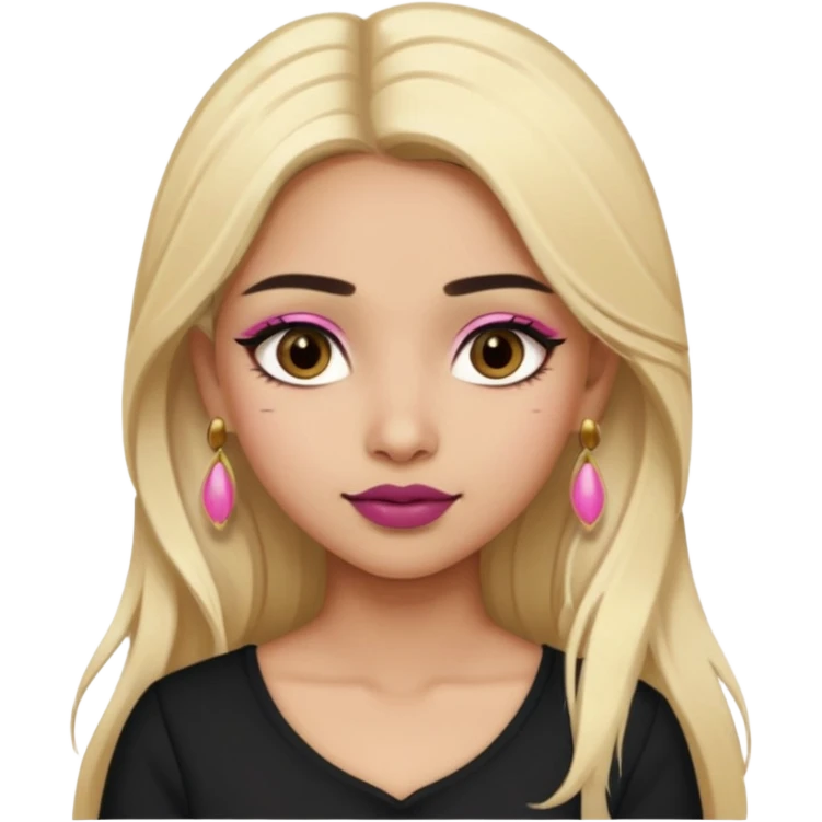 Sweet Indian girl blond long hair darkbrow  eyes brown/pink lipstick blush, black top gold earrings, brown eyebrows  emoji