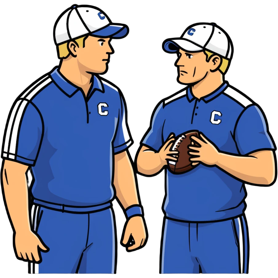 2 football coaches talking wearing caps and athletic clothing emoji